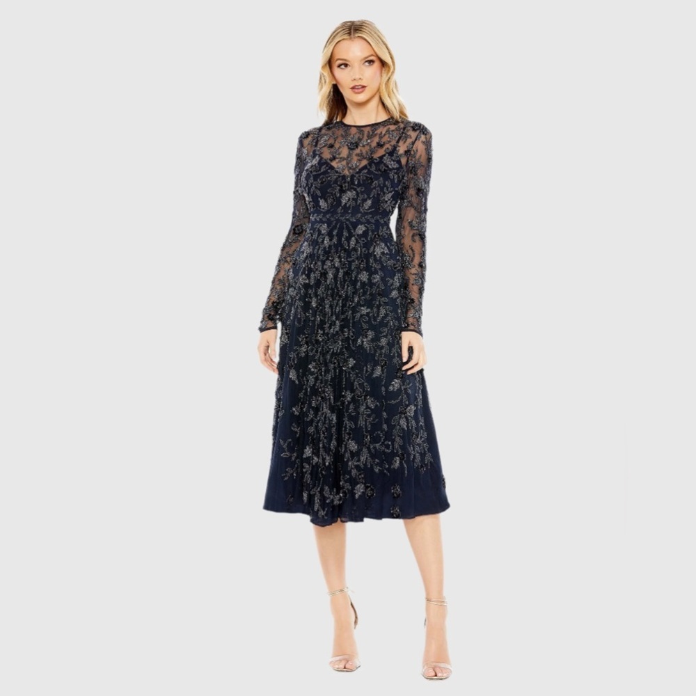 Mac Duggal Navy Beaded Illusion-Sleeve Midi Dress